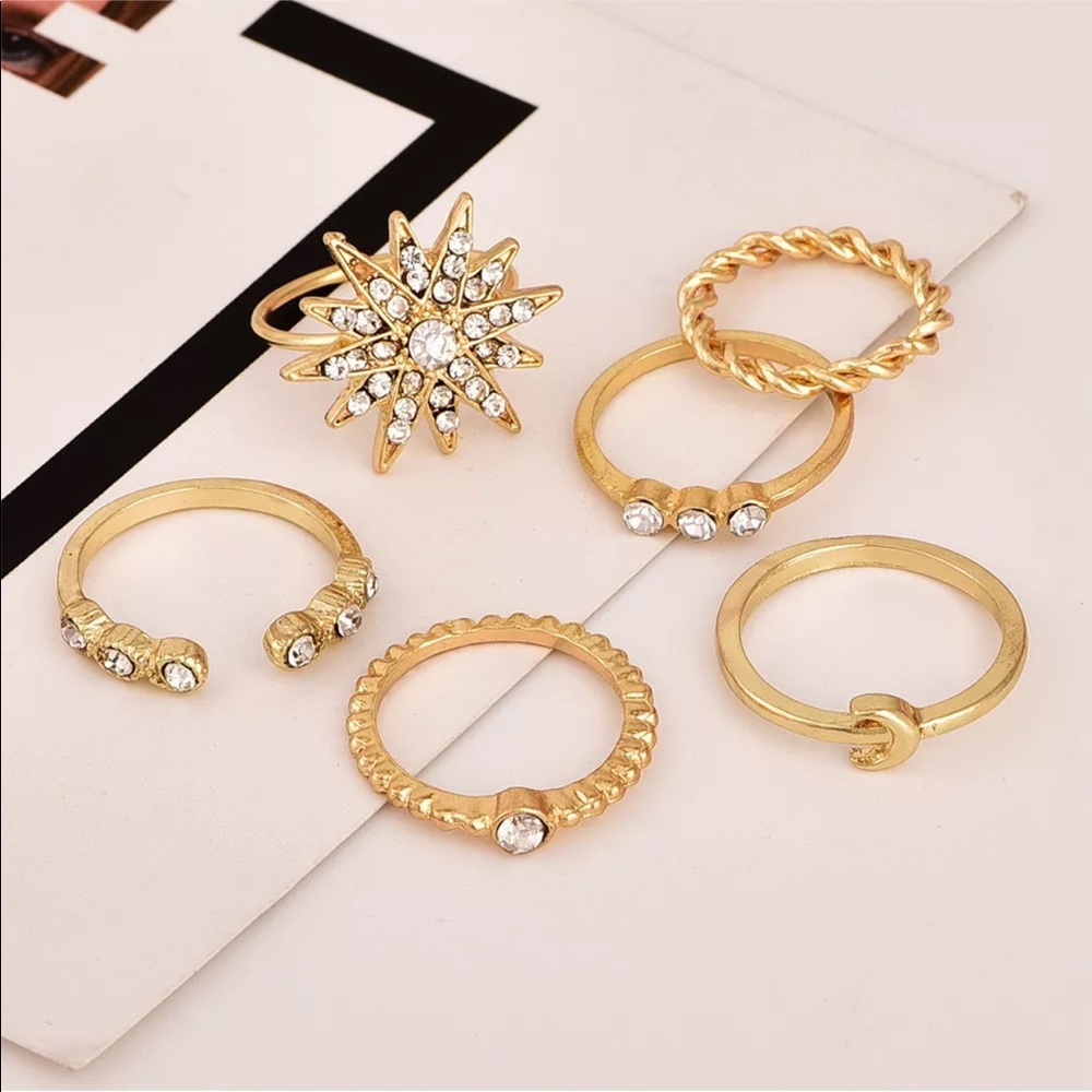 6 Pcs/Set Gold Starburst And Rhinestones Rings - Picture 7 of 7